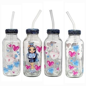 Love Hearts Fashion Glass Bottle Cup 16 oz Blue Pink Design Glass Straw